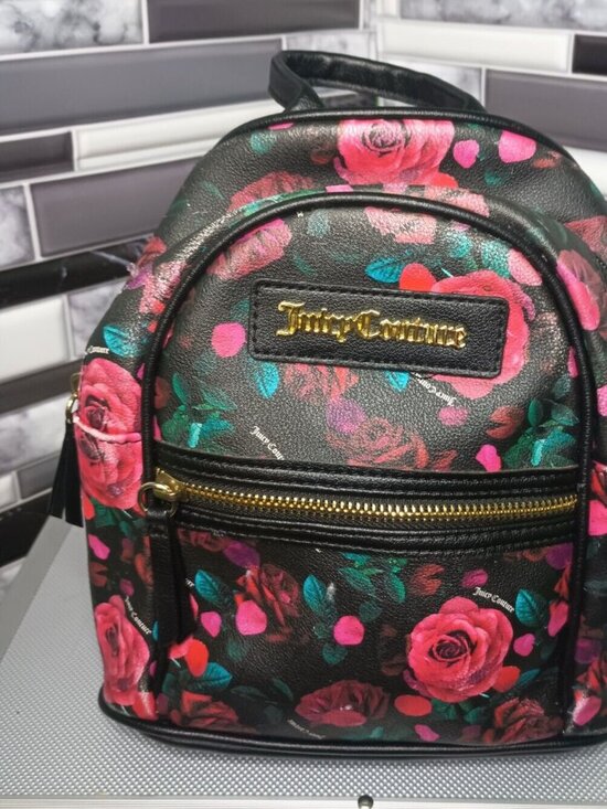 Juicy Couture Mini Backpack Black Rose Floral Pattern Gold Hardware Adjustable main image 10